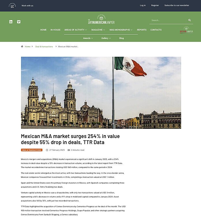 Mexican M&A market surges 254% in value despite 55% drop in deals, TTR Data